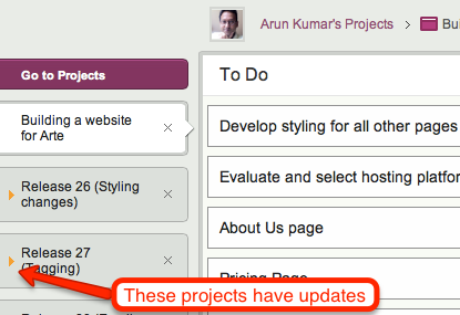 Updates are highlighted on project tabs