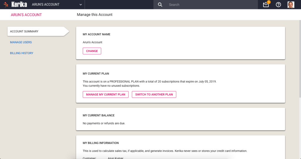 Manage Account options