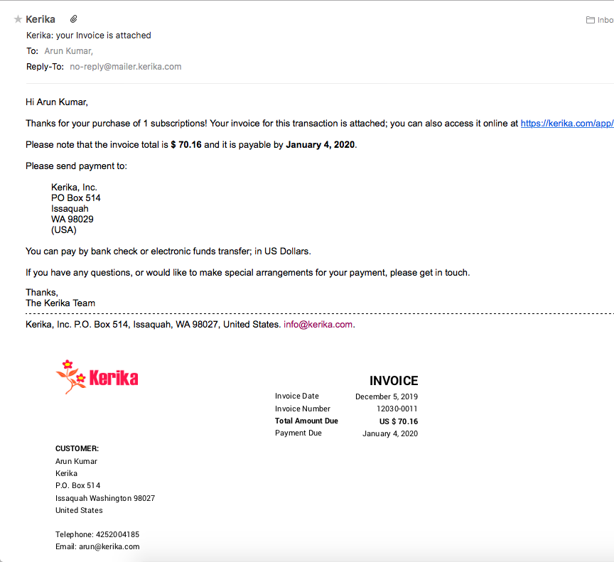 Example of invoice email