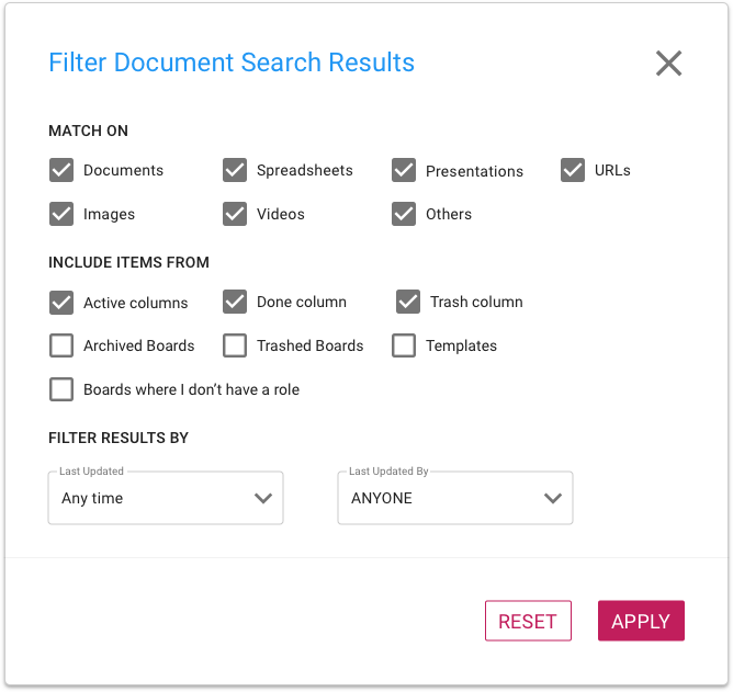 Screenshot showing Documents Filter options for Search