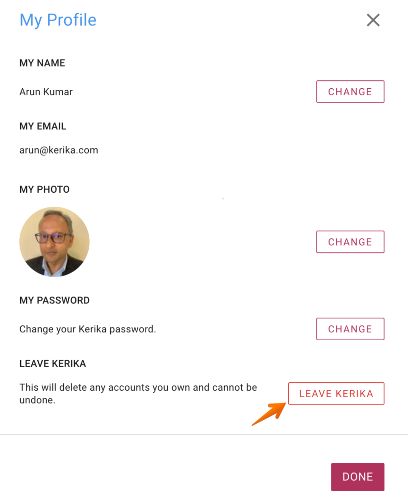 Screenshot showing the My Profile dialog with the Leave option highlighted