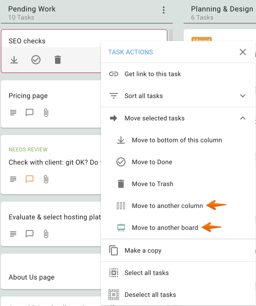 Screenshot showing the Task Options menu