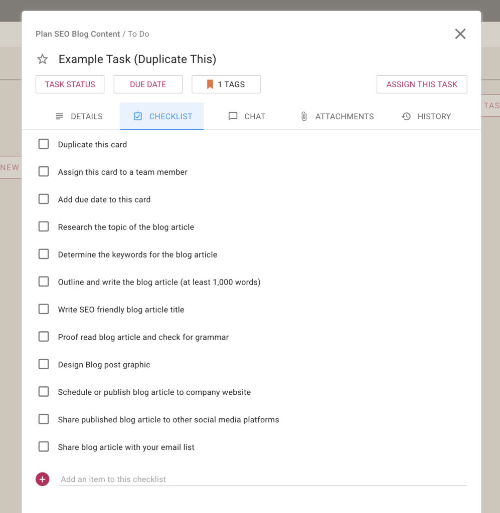Screenshot showing an example of blog post task