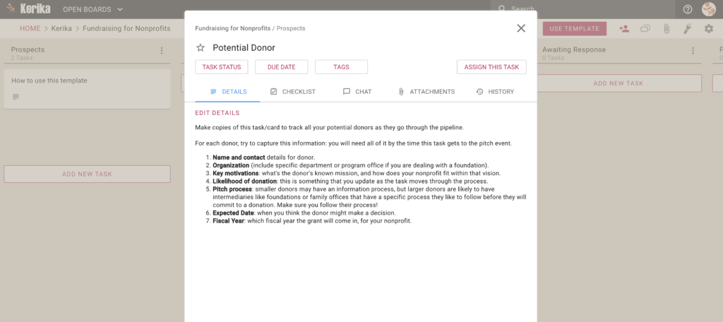 Screenshot showing Fundraising Profile template