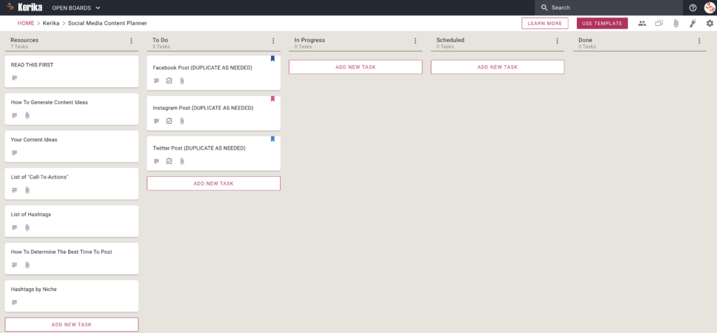 Screenshot of the Social Media Content Planner template