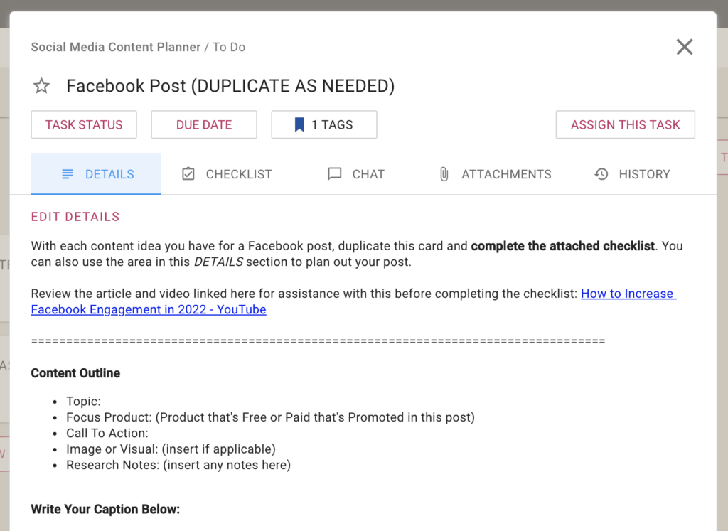 Screenshot of Task for Facebook Post