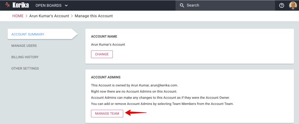 Screenshot showing Manage Account screen