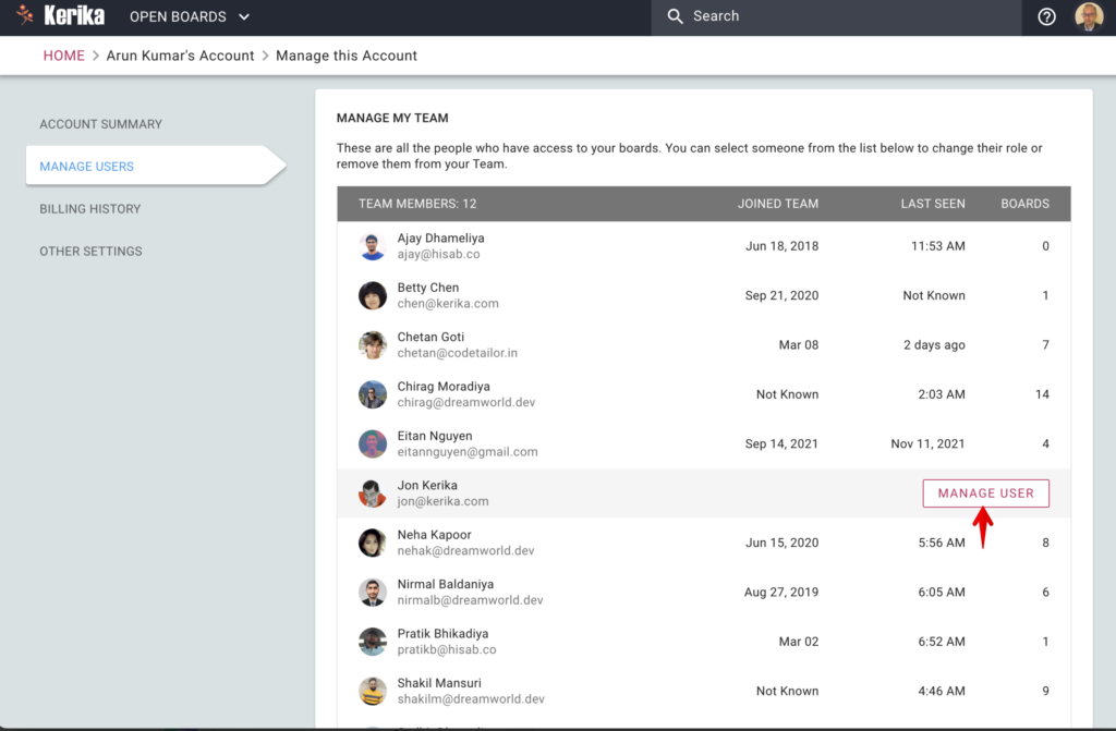 Screenshot showing Team Members listing