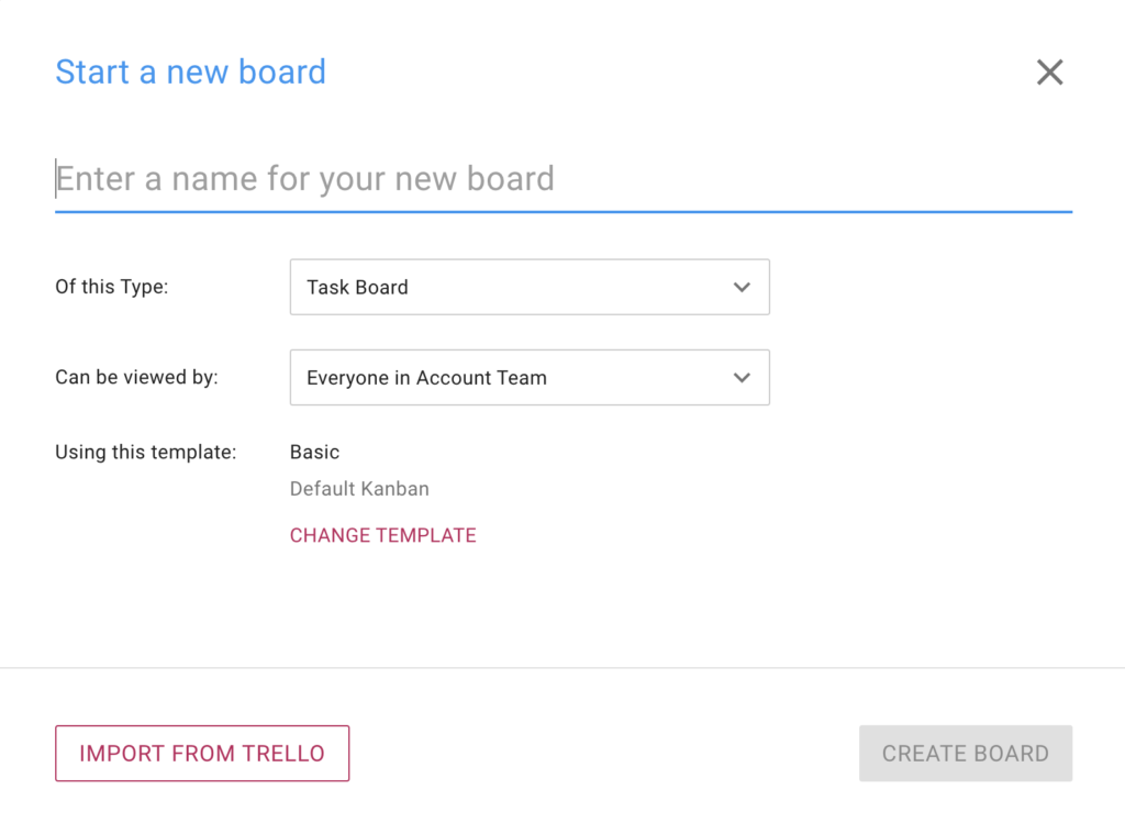 Screenshot showing how all users can import from Trello when creating a new Kerika board