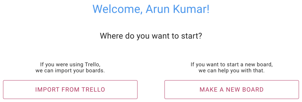 Screenshot showing how new Kerika users can import boards from Trello