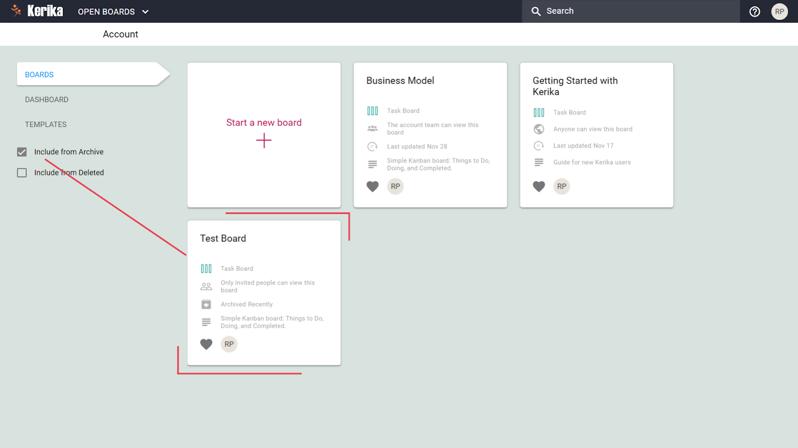 Screenshot illustrating how easily users can access archived boards in Kerika. The image shows the main dashboard view with an arrow pointing from the 'Include from Archive' checkbox in the left sidebar. This action reveals the previously hidden 'Test Board', now marked as archived, demonstrating that archived projects remain readily available for reference or reactivation. This feature ensures valuable project history is never lost, supporting long-term knowledge management alongside a clean, focused workspace.