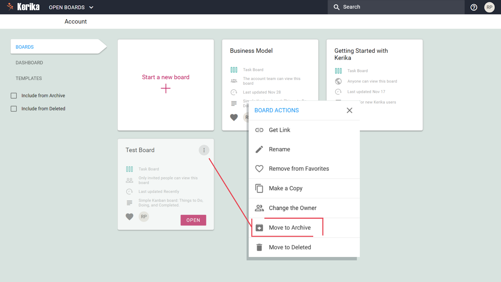 Screenshot demonstrating the simple process to archive a board in Kerika, helping users declutter their workspace. The image displays the main boards view, highlighting the 'Test Board' card. An arrow points from its three-dot menu to the 'BOARD ACTIONS' dropdown, specifically selecting 'Move to Archive'. This intuitive feature allows teams to easily hide completed or inactive projects, streamlining their view to focus on current priorities without losing access to past work.