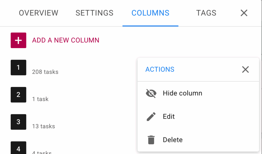 Screenshot showing the Columns tab of Board Settings dialog for Task Boards.  Clicking on any column will show an Actions menu, including the Hide/Show Column option.