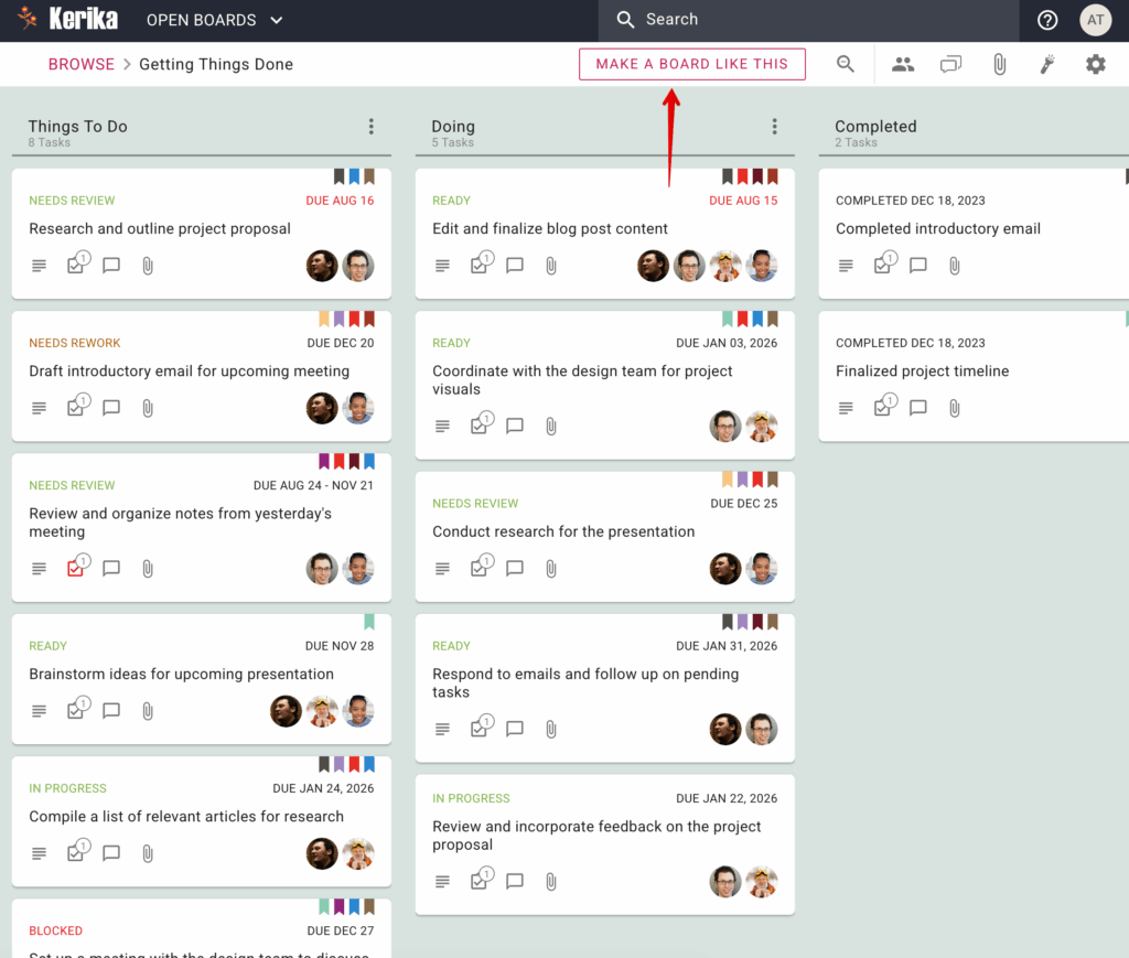 Screenshot showing the MAKE A BOARD LIKE THIS button that's shown when a new user is viewing a sample board
