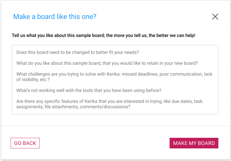 Screenshot showing the dialog that let's a new user tell Kerika's AI what the new board should look like.