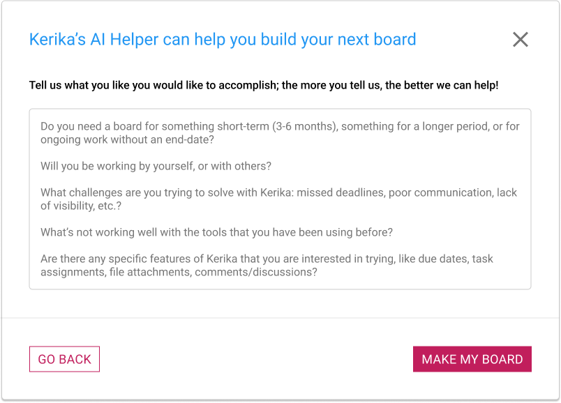 Screenshot showing dialog that lets user specify what the new board should do.