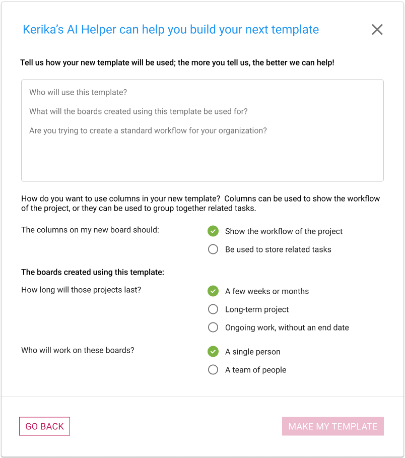 Screenshot showing the input the user is asked to provide to get help from AI in making a new template.