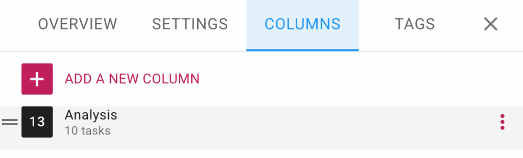 Screenshot showing the options button that appears when user hovers over a column in the Columns tab of the Board Settings dialog.