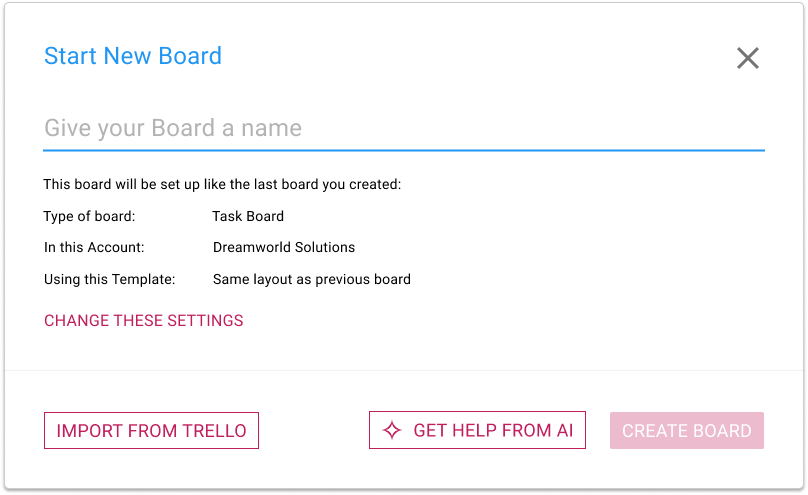 Screenshot showing the GET HELP FROM AI button in the Start New Board dialog