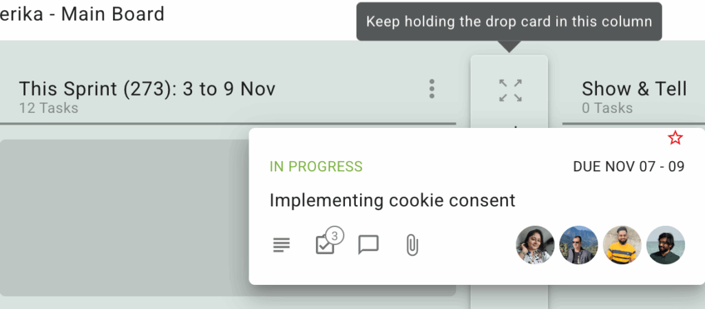 Screenshot showing how task (card) can be dragged and dropped into a hidden column by holding the card for a couple of seconds over the hidden column.
