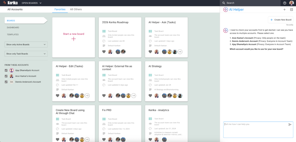 Skjámynd sem sýnir Kerika Home-heimasíðu með AI Helper-glugganum opnum í sérstöku rúlli á hægri jaðri skjásins.

AI Helper hefur spurt notandans hvaða af nokkrum reikningum sem hann hefur aðgang að hann vilji búa til nýja töflu.