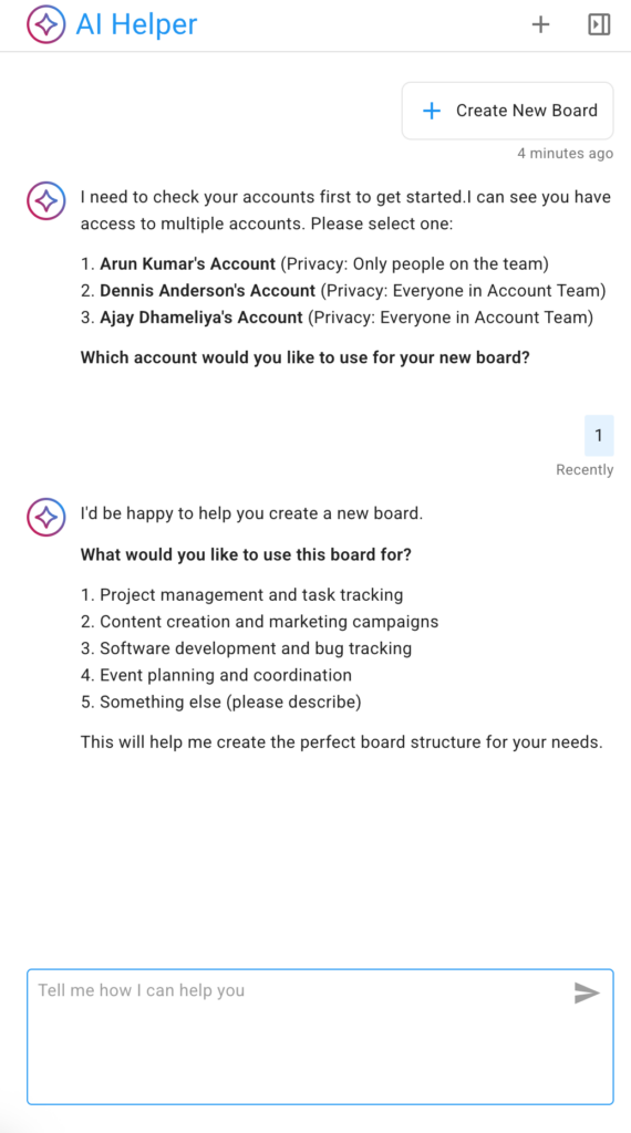 Skjámynd sem sýnir glugga gervigreindaraðstoðarmannsins sem spyr hvaða tegund borðs notandinn vill búa til.