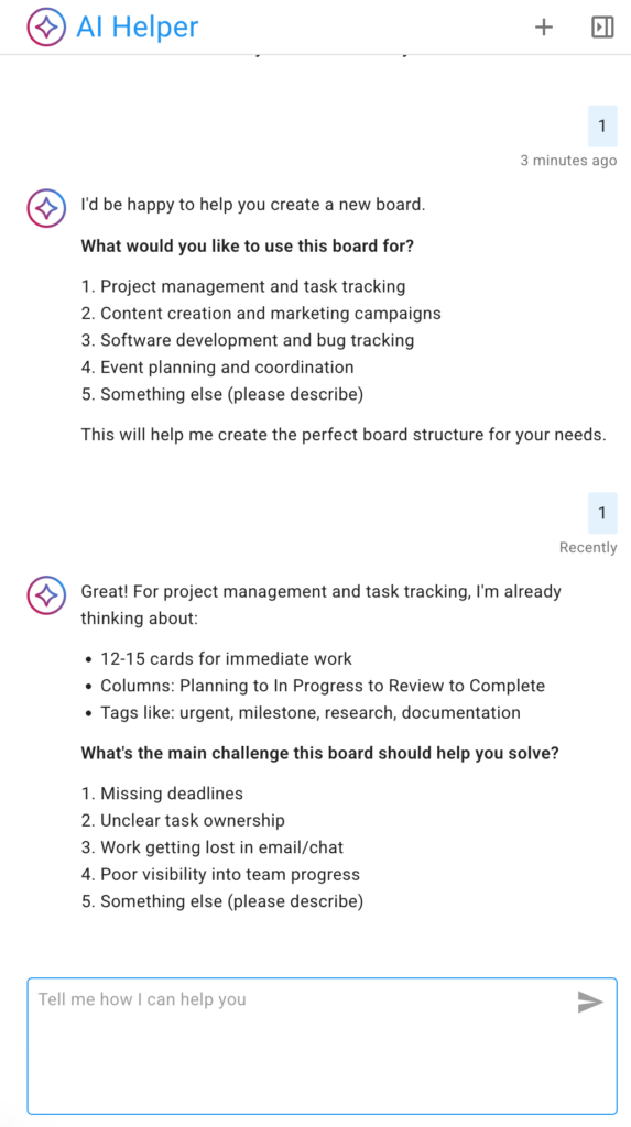 Skjámynd sýnir gervigreindaraðstoðarmanninn bjóða upp á tillögur til að hjálpa notandanum að skýra hvað nýja borðið hans eigi að einblína á.