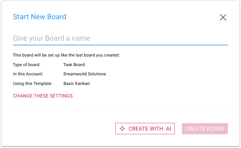 Skjámynd sem sýnir gluggann til að hefja nýtt spjald, sem inniheldur nýja hnappinn Búa til með gervigreind.