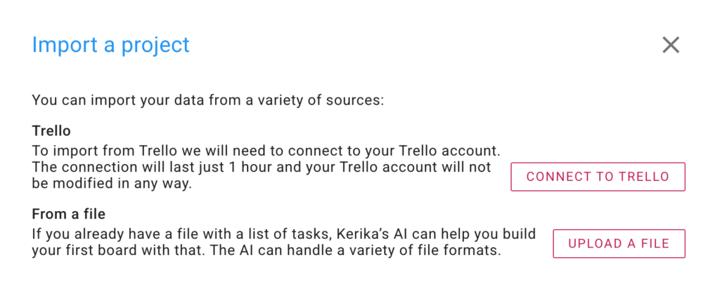 Image shows a screenshot of a Kerika dialog box containing options for importing data from Trello or by uploading a file.