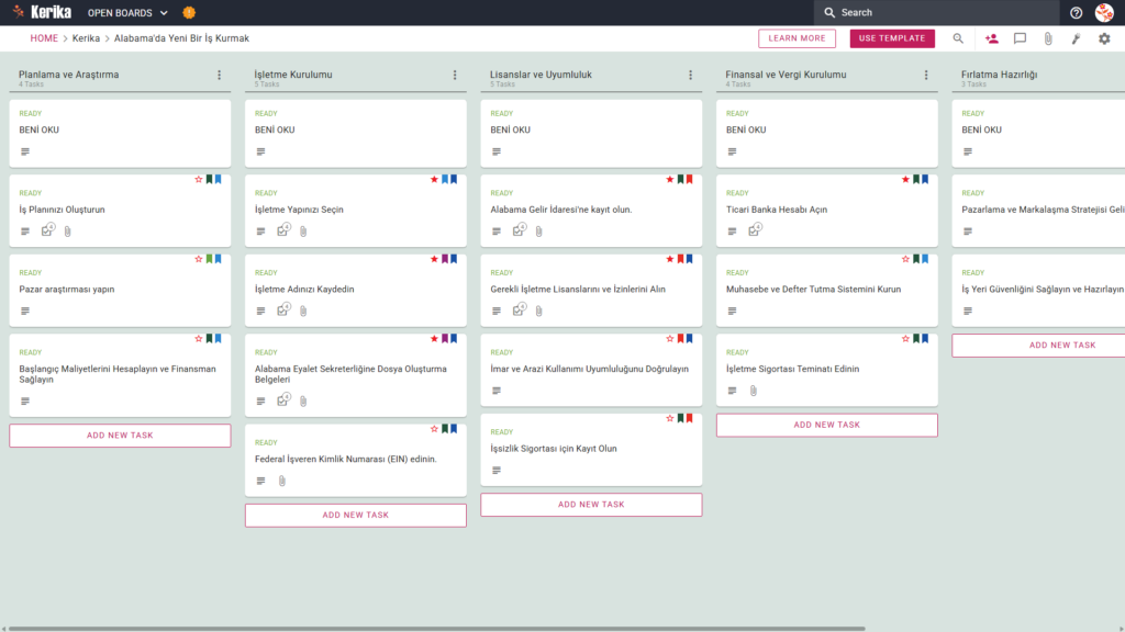 Kanban panosunun "Alabama'da Yeni Bir İş Kurmak" ekranında, her biri adım adım çalışma sayfaları içeren "Planlama ve Araştırma", "İş Hazırlığı", "İş Kurma", "Lisanslama ve Uyum" ve "Mali ve Vergi Kuralları" adlı iş akışı konuları bulunmaktadır.