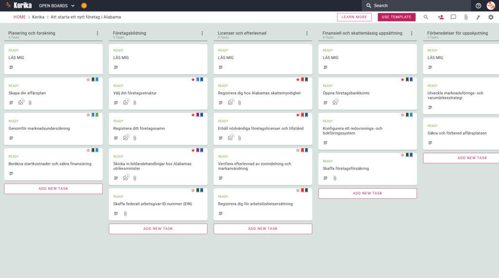 Kanban-tavlans skärm "Starta ett nytt företag i Alabama" har arbetsflödesämnen som heter "Planering och forskning", "Affärsförberedelser", "Företagsbildning", "Licensiering och efterlevnad" och "Finansiella regler och skatteregler", var och en med steg-för-steg-arbetsblad.