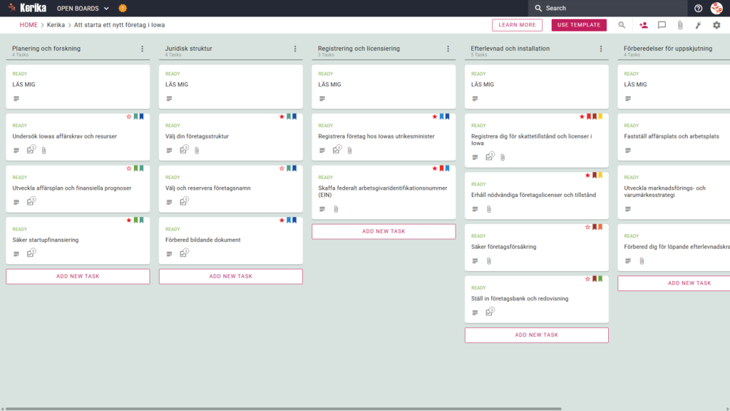 Skärmdump av ett Kanban-ark med en banner med rubriken "Att starta ett nytt företag i Iowa" och punkter för planering och forskning, juridisk struktur, registrering och licensiering, efterlevnad av regelverk och inledande förberedelser.