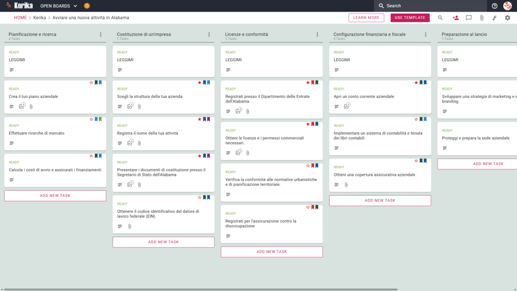 Una schermata della lavagna Kanban intitolata "Avvio di una nuova attività in Alabama" presenta colonne di flusso di lavoro per Pianificazione e ricerca, Preparazione dell'attività, Formazione dell'attività, Licenze e conformità e Regolamenti finanziari e fiscali, ognuna delle quali contiene schede di attività passo dopo passo.