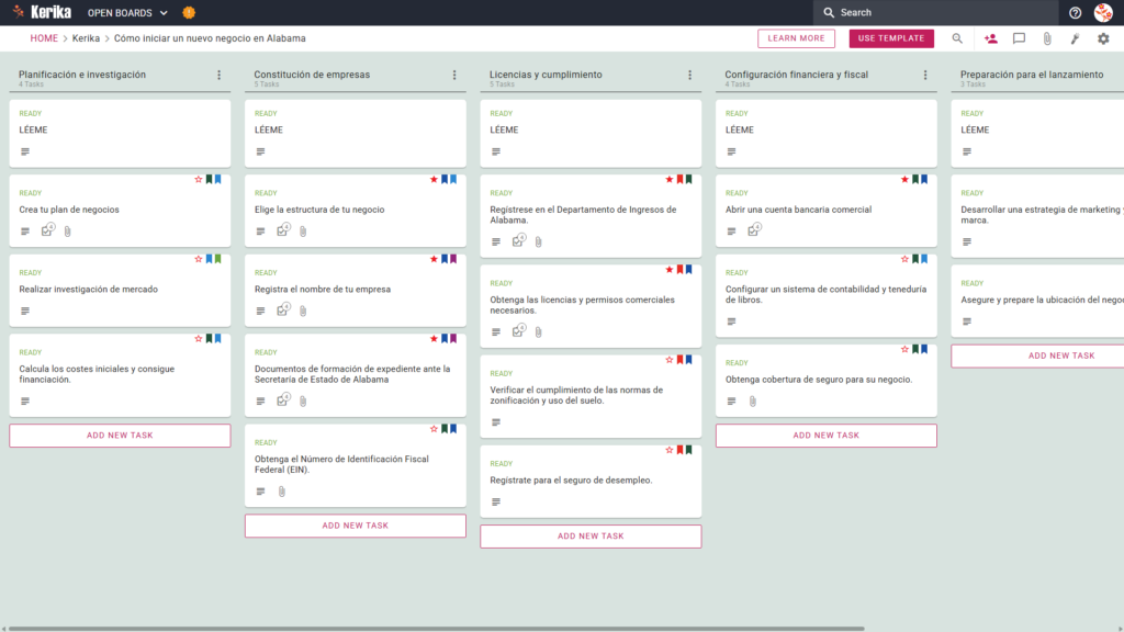 Una captura de pantalla del tablón de Kerik Kanban titulado "Crear una nueva empresa en Alabama" muestra columnas de flujos de trabajo para planificación e investigación, creación de empresas, licencias y cumplimiento, y normativa financiera y fiscal, cada una de ellas llena de fichas de tareas paso a paso.