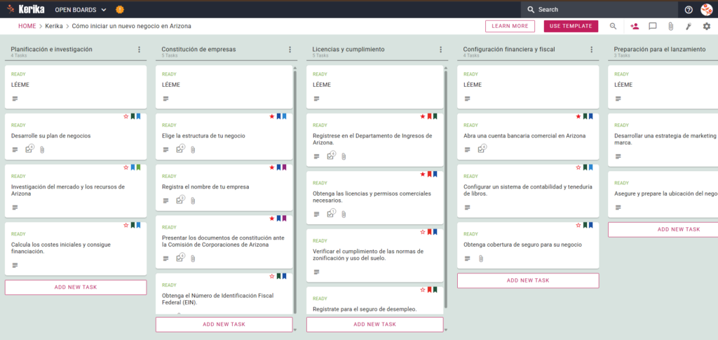 Captura de pantalla del tablero Kanban de Kerika que muestra el tablero de proyecto titulado "Iniciar un nuevo negocio en Arizona". El tablero muestra un flujo de trabajo de izquierda a derecha con columnas para Planificación e investigación, Creación de empresas, Licencias y cumplimiento, Configuración financiera y fiscal, y Preparación para la puesta en marcha, que incluye fichas de tareas específicas como "Elegir una estructura empresarial" y "Registrarse en el Departamento de Hacienda de Arizona".