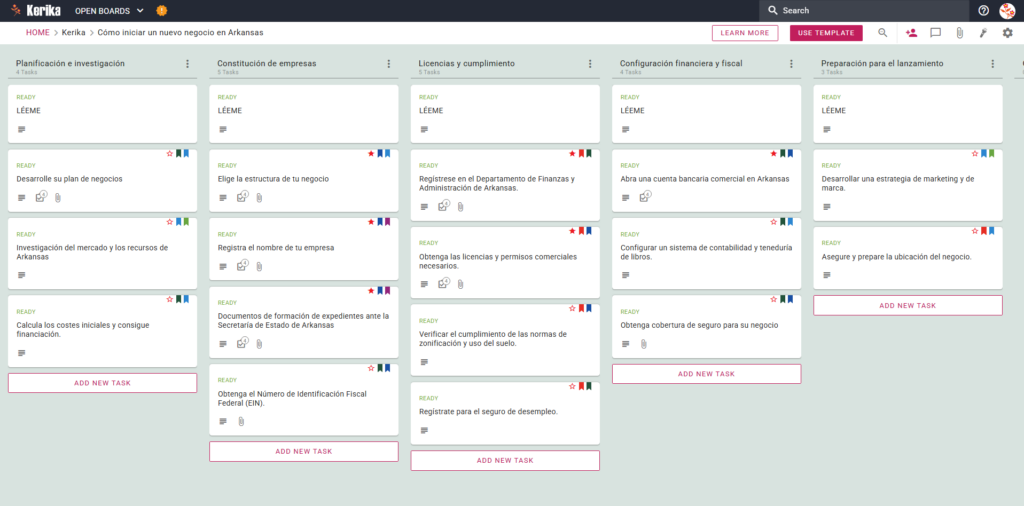 Captura de pantalla del tablero Kanban de Kerik titulado "Crear una nueva empresa en Arkansas", que muestra columnas de flujos de trabajo para la planificación y la investigación, la creación de empresas, la concesión de licencias y el cumplimiento, el cumplimiento financiero y fiscal, y la preparación de la puesta en marcha, cada una llena de tarjetas de tareas paso a paso.