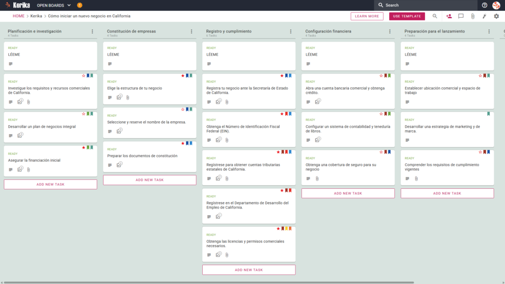 Captura de pantalla de un tablero Kanban de Kerika titulado "Crear una nueva empresa en California", que muestra columnas de flujo de trabajo para Planificación e investigación, Creación de empresas, Registro y cumplimiento, Configuración financiera y Preparación del lanzamiento, cada una de ellas con tarjetas de tareas paso a paso.