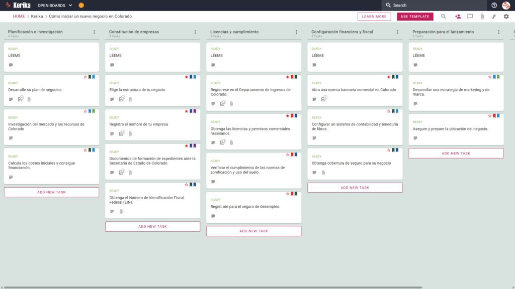 Plantilla de tablero Kanban de Kerika para iniciar un nuevo negocio en Colorado, que ilustra una hoja de ruta visual paso a paso para la planificación empresarial, la formación legal, la obtención de licencias estatales, la configuración fiscal y la preparación del lanzamiento.