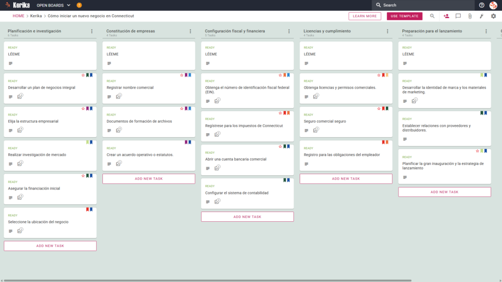 Captura de pantalla del tablero kanban de Kerika titulado "Crear una nueva empresa en Connecticut". El tablero presenta un flujo de trabajo de izquierda a derecha con columnas para Planificación e Investigación, Formación de la Empresa, Configuración Fiscal y Financiera, Licencias y Cumplimiento, y Preparación del Lanzamiento, que contienen tarjetas de tareas específicas como "Desarrollar un Plan de Negocio Integral" y "Obtener el EIN Federal."