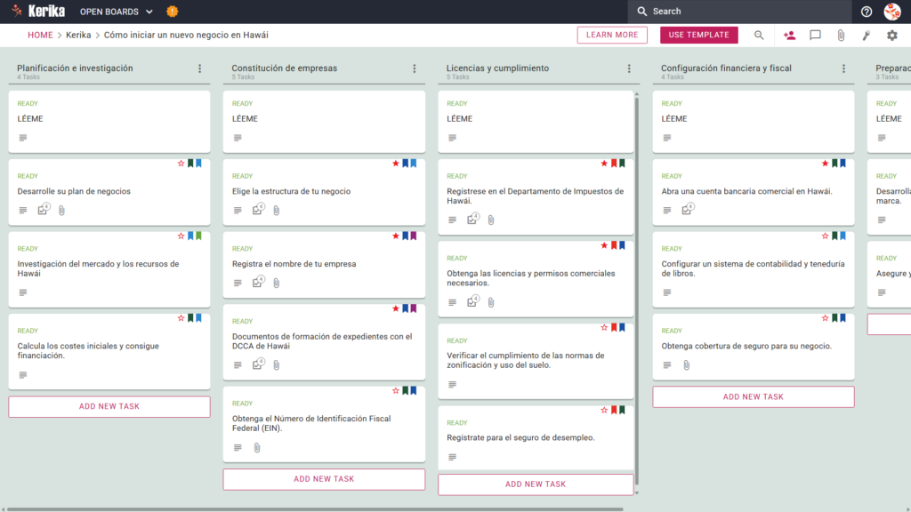 Banner titulado "Cómo iniciar un nuevo negocio en Hawái" con una captura de pantalla de un tablero Kanban de Kerika con columnas para tareas de planificación e investigación, formación de empresas, licencias y cumplimiento, configuración financiera y fiscal, y preparación para la incorporación.