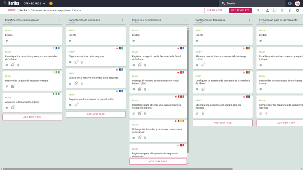 Banner titulado "Cómo iniciar un nuevo negocio en Indiana" con una captura de pantalla de un tablero Kanban de Kerika con columnas para las tareas relacionadas con la planificación y la investigación, la creación de una empresa, el registro y el cumplimiento, la configuración financiera y la preparación para la incorporación.