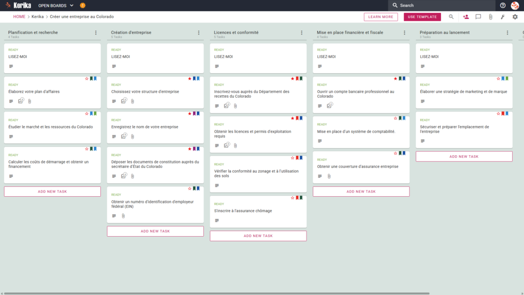 Modèle de tableau Kanban Kerika pour la création d'une nouvelle entreprise au Colorado, illustrant une feuille de route visuelle étape par étape pour la planification de l'entreprise, la formation juridique, l'obtention d'une licence d'État, la mise en place d'un régime fiscal et la préparation du lancement.