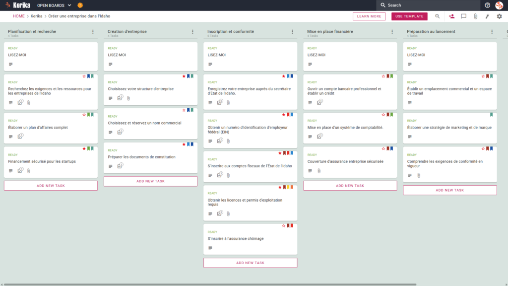 Une bannière intitulée "Créer une entreprise dans l'Idaho", présentant une capture d'écran du tableau Kanban de Kerika avec des colonnes pour les tâches liées à la planification et à la recherche, à la création d'entreprise, à l'enregistrement et à la conformité, aux dispositions financières et à la préparation de la création d'entreprise.