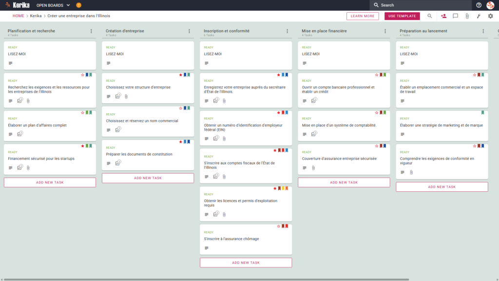 Une bannière intitulée "Créer une entreprise dans l'Illinois" et une capture d'écran du tableau Kanban de Kerik, qui détaille les tâches de planification et de recrutement, l'enregistrement de l'entreprise, la tenue des registres et la maintenance, la gestion financière et la préparation des fonds.