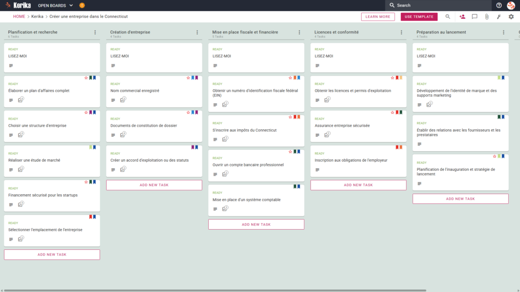 Capture d'écran du tableau Kanban de Kerika intitulé "Démarrer une nouvelle entreprise dans le Connecticut". Le tableau présente un flux de travail de gauche à droite avec des colonnes pour la planification et la recherche, la création d'entreprise, le montage fiscal et financier, les licences et la conformité, et la préparation du lancement, contenant des cartes de tâches spécifiques telles que "Élaborer un plan d'affaires complet" et "Obtenir un numéro d'identification fédéral".