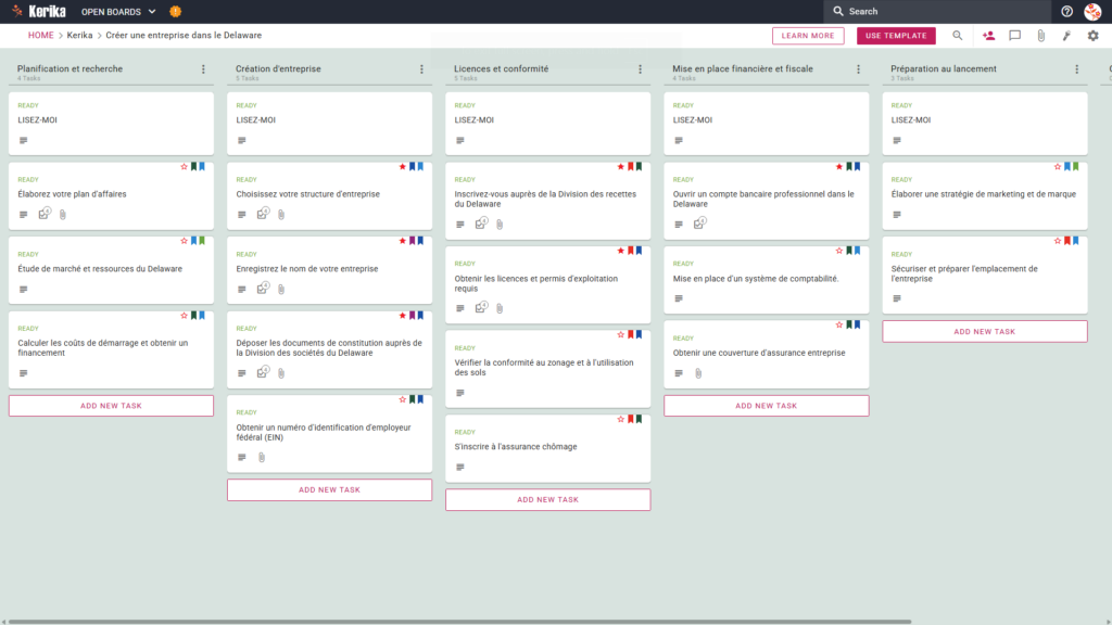 Une bannière intitulée "Starting a new business in Delaware" avec une capture d'écran d'un tableau de messages Kerik Kanban avec des colonnes pour la planification et la recherche, la création d'entreprise, les licences et la conformité, les finances et la fiscalité, et la préparation au démarrage des activités.