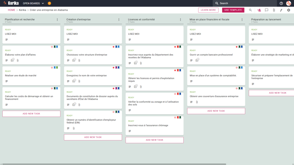 Une capture d'écran du tableau Kanban de Kerik intitulé "Démarrer une nouvelle entreprise en Alabama" montre des colonnes de flux de travail pour la planification et la recherche, la création d'entreprise, l'octroi de licences et la conformité, ainsi que les réglementations financières et fiscales, chacune remplie de fiches de tâches étape par étape.