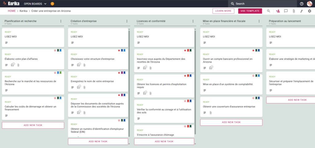 Capture d'écran du tableau Kanban de Kerika, montrant un tableau de projet intitulé "Démarrer une nouvelle entreprise en Arizona". Le tableau de bord montre un flux de travail de gauche à droite avec des colonnes pour la planification et la recherche, la création d'entreprise, les licences et la conformité, le financement et les arrangements fiscaux, et le démarrage, y compris des onglets de tâches spécifiques tels que "Choisir une structure d'entreprise" et "S'inscrire auprès du ministère du Revenu de l'Arizona".