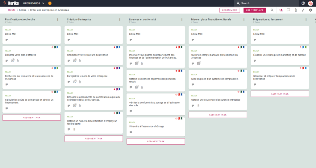 Capture d'écran du tableau Kanban de Kerik intitulé "Starting a Start-up in Arkansas", montrant des colonnes de flux de travail pour la planification et la recherche, la création d'entreprise, les licences et la conformité, la finance et la conformité fiscale, et la préparation à la création d'entreprise, chacune remplie de fiches de tâches étape par étape.