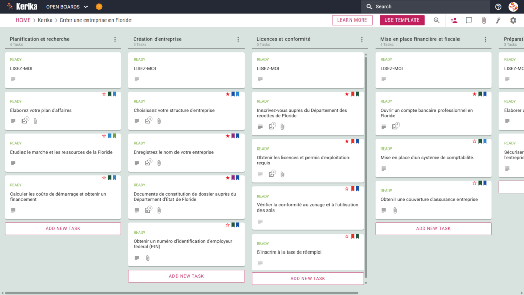 Une bannière intitulée "Démarrer une entreprise en Floride", présentant une capture d'écran du tableau d'affichage Kerika Kanban avec des colonnes pour les tâches liées à la planification et à la recherche, au démarrage d'une entreprise, à l'obtention d'une licence et à la conformité financière et fiscale, ainsi qu'à la préparation du démarrage d'une entreprise.